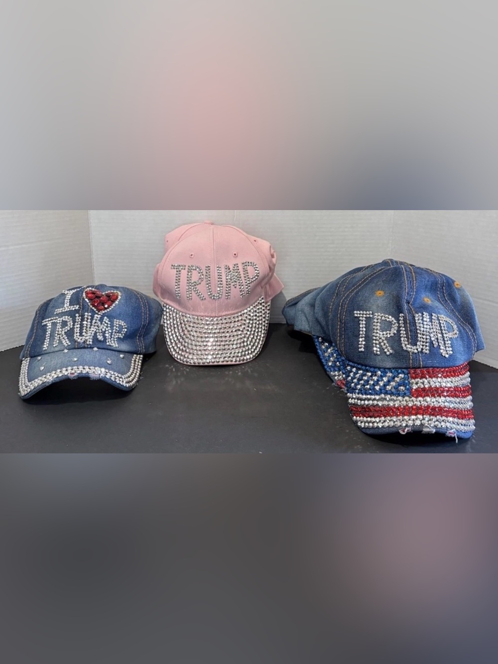 Trump Denim and Pink Crystal-Embellished Baseball Caps
